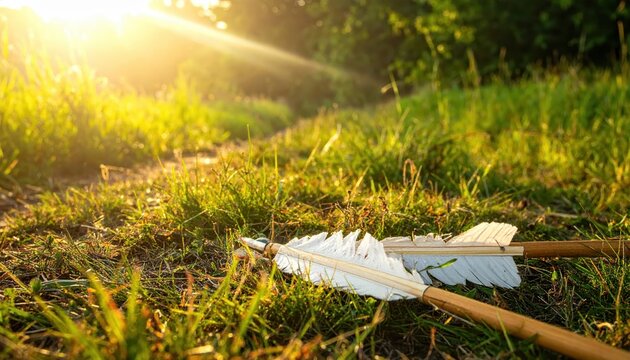 Archery arrows with white fletching lying on grassy ground during golden hour sunset, outdoor sport concept