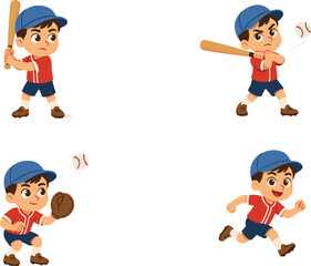 Little Cartoon Boy Playing Baseball Vector Character Set Featuring Kid Batter Swinging Wooden Bat, Catching Ball, and Running Bases