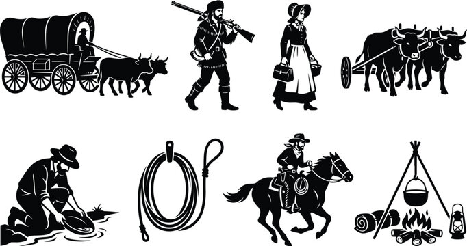 American frontier pioneer and wild west silhouette collection with cowboy, covered wagon, and gold miner