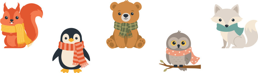 Cute Winter Animals Vector Set Featuring Cartoon Squirrel, Penguin, Bear Cub, Owl, and Arctic Fox Wearing Colorful Cozy Scarves © Lal