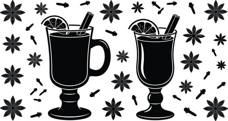 Fototapeta premium Mulled Wine Glass Icon Set with Star Anise Cinnamon Stick and Cloves Spices