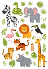 Obraz premium Cute Safari Animal Collection with Lion, Elephant, Giraffe, and Tiger Vector Illustration for Kids