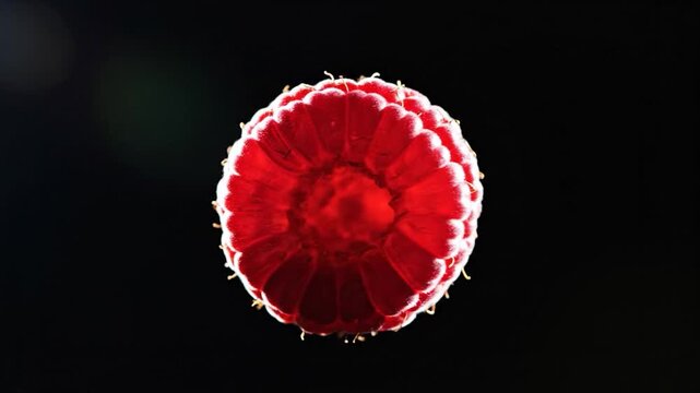 A single ripe red raspberry glows against a black background