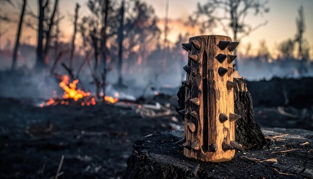 A stark post-apocalyptic scene with a spiked wooden stump in the foreground and a forest fire burning in the background at sunset
