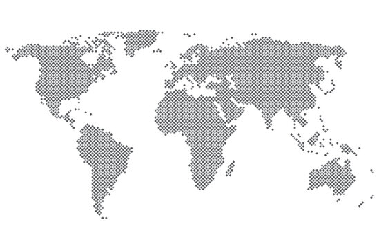 Vector isolated Halftone world map with dot pattern, dotted globe continents graphic, black and white Earth planet, global geography elements, digital simple travel infographics. 