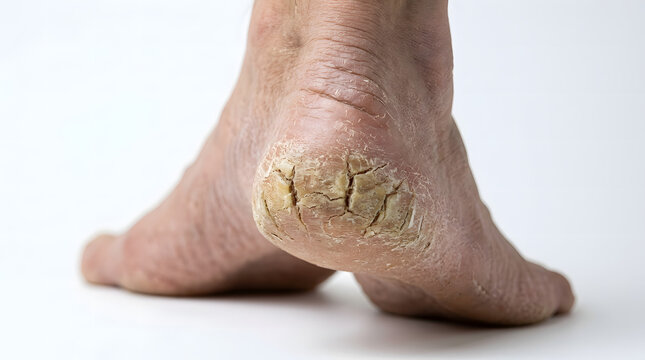 Closeup of a persons feet with severely cracked and dry heels showing signs of extreme skin dehydration and damage.