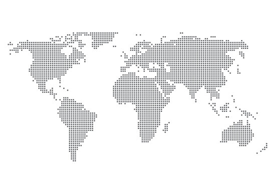 Vector isolated Halftone world map with dot pattern, dotted globe continents graphic, black and white Earth planet, global geography elements, digital simple travel infographics. 
