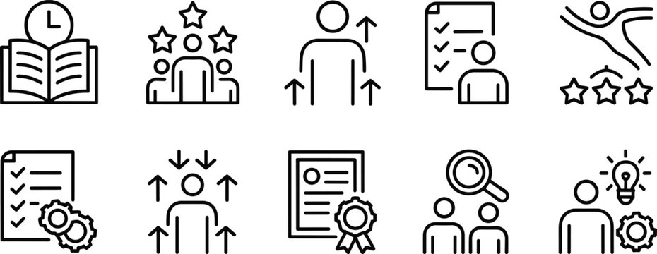 Human resources and skills development line icons set vector illustration containing performance review evaluation growth recruitment certificate success