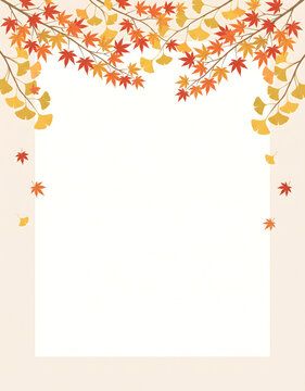 紅葉とイチョウの枝葉を描いた秋のフレーム背景イラスト
