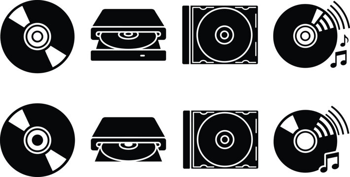 Compact Disc and DVD Icon Set with Drive Case and Audio Music Symbols