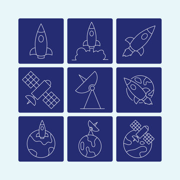 Rocket launch and satellite icon set for space exploration graphic design