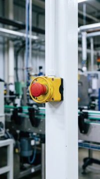 Industrial emergency stop button on white post in factory for cybersecurity and safety