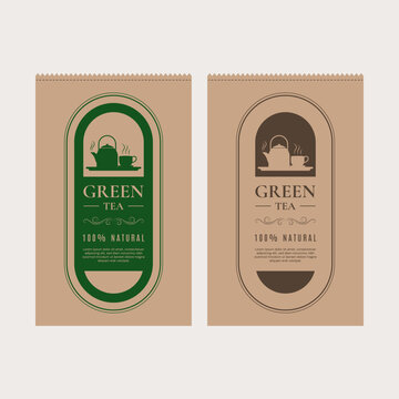 Green tea packaging design template with teapot silhouette on paper bag