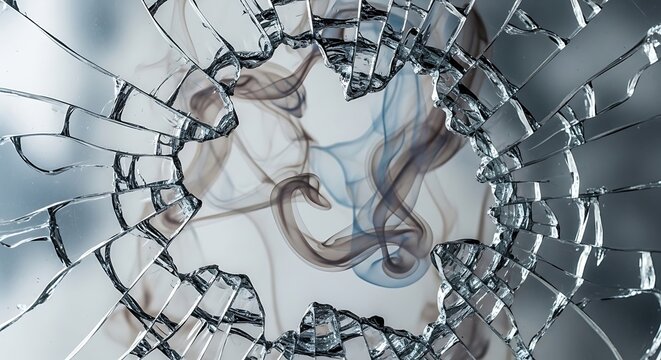 Broken mirror with smoke background