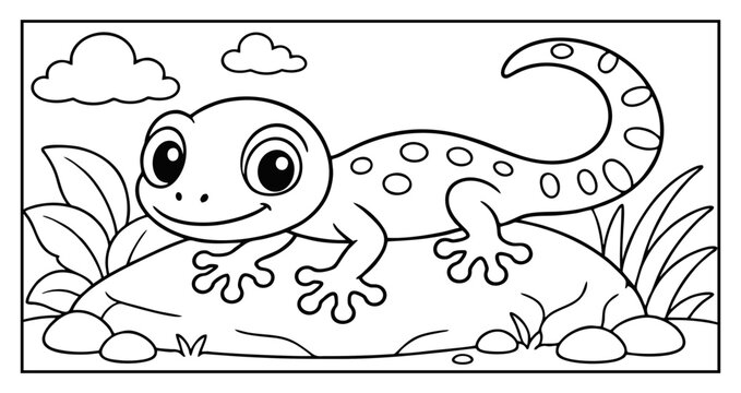 Cute gecko lizard sitting on a rock coloring page for children with black and white outlines