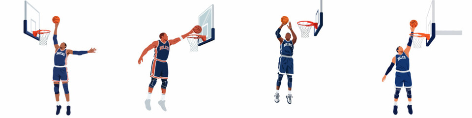 Set of flat vector illustrations featuring a male basketball player in various dynamic action poses, including dunking, shooting, and scoring on a white background. © Nadya