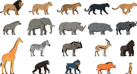 African safari wildlife vector animal icons set featuring lion elephant giraffe rhino and cheetah on a white background © MstAirin