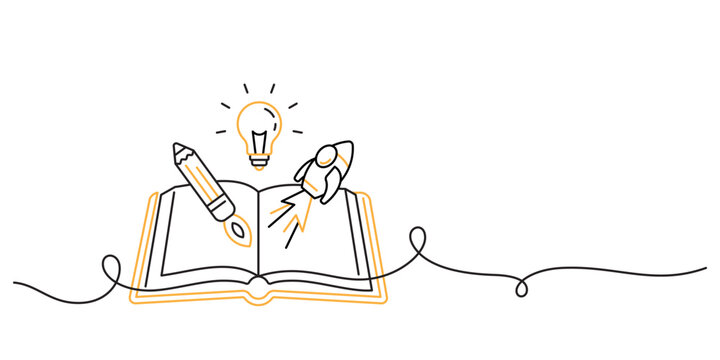 creative thinking ideas smart learning single line illustration. book opening with constructive lightbulb, rocket pencil, spacecraft innovative education concept