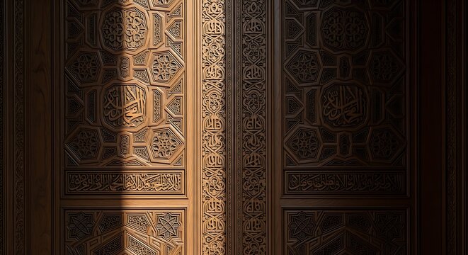 Ornate wooden door with arabic script and geometric patterns