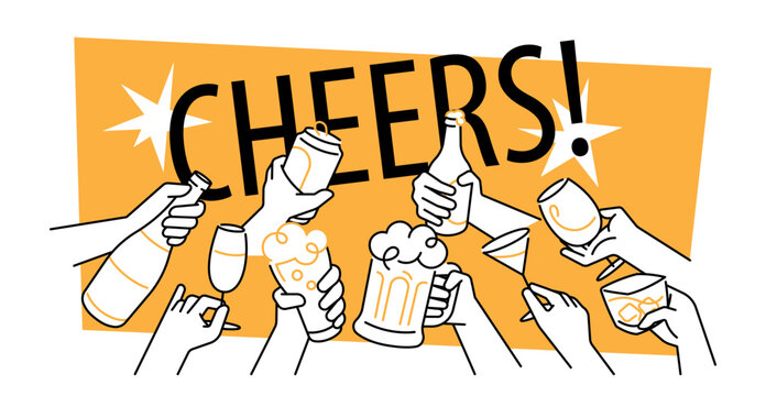 celebration party clinking alcohol drinks single line illustration. cheerful hang out and social gathering congratulation with beer,wine,whiskey happy hour decorative minimal background. hand holding 