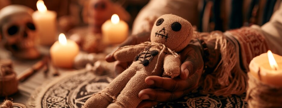 Mystic voodoo doll held by a person surrounded by candles and skulls  