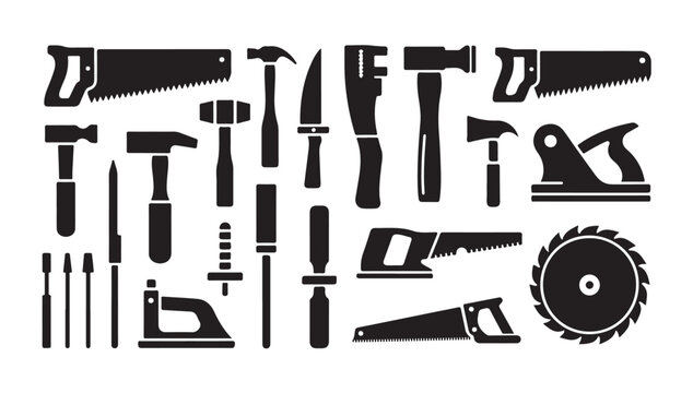 Collection of black silhouette carpentry tools for construction and repair work.