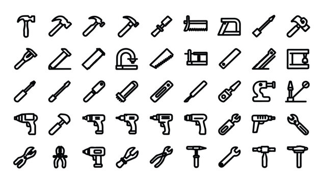 Minimalist outline tool icons for woodworkers and technicians in small linear style set.