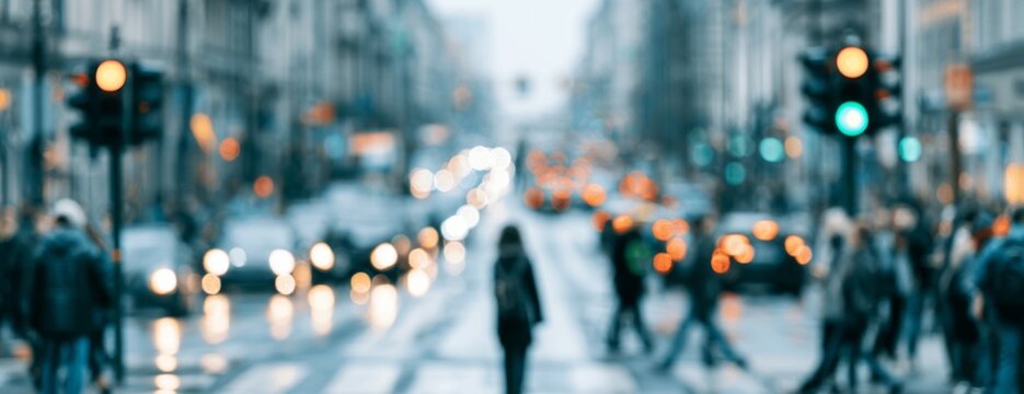 Blurred city street with traffic and pedestrians crossing at green light  