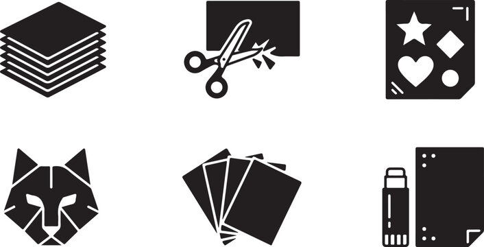 Six minimal black icons set including paper, scissors, art symbols, wolf, cards and stationery Vector