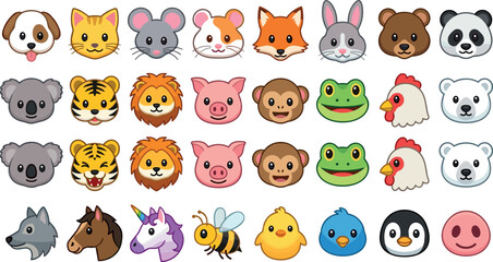 Obraz premium Cute cartoon animal faces emoji vector icon collection featuring wild and domestic pet avatars isolated on a white background