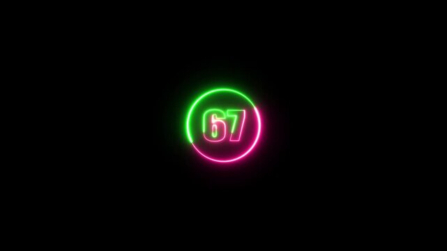 Neon glowing green and red color circle with text 67 number animation.