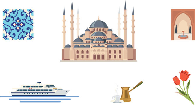 Istanbul Landmarks and Turkish Culture Vector Set Featuring Sultan Ahmed Blue Mosque, Bosphorus Cruise Ferry, Iznik Tile Pattern, Coffee, and Tulips