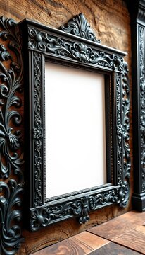 Roman-style ornate black wooden frame with intricate carvings, piece, pattern