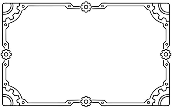 Mechanical gear frame border with industrial steampunk style elements on a clean white background design