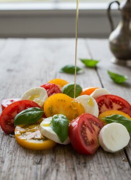 Caprese salad with heirloom tomatoes, mozzarella, basil, and olive oil drizzle