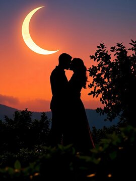 Silhouette couple embracing under crescent moon, surrounded by lush greenery, romantic atmosphere, gentle breeze