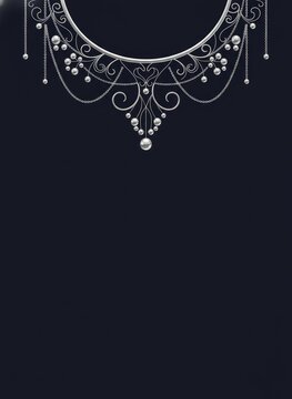 Elegant silver jewelry and pearl ornate frame with dark background and copy space