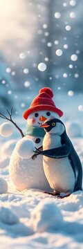 Snowman and penguin playing with snowballs in a winter wonderland scene, snowy, cold