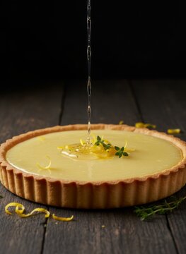 Lemon tart with syrup or honey drizzle and fresh thyme garnish