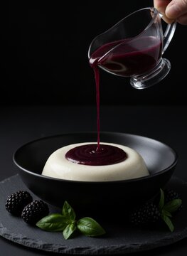 Panna cotta dessert with berry sauce pouring and fresh blackberries