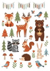 Fototapeta premium Cute Woodland Animals Vector Set with Fox, Deer, Bear, Raccoon, Squirrel, Hedgehog, and Rabbit for Kids Design