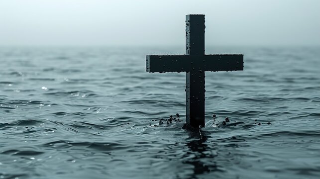 Christian Cross Rising Above Calm Ocean at Sunrise Symbol of Faith Hope and Peace