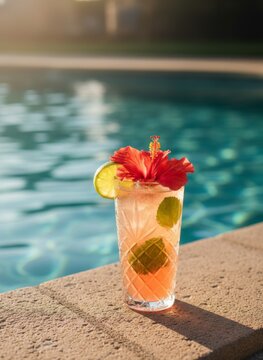 Tropical poolside cocktail with hibiscus flower and lime garnish