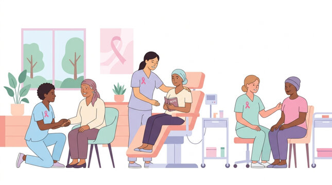 Nurses provide compassionate care and support to diverse women undergoing cancer treatment in a bright, modern clinic setting, fostering a hopeful atmosphere