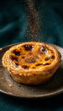 Pastel de Nata custard tart sprinkled with cinnamon powder on plate with moody lighting