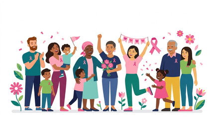 Fototapeta premium Diverse group of people celebrating breast cancer awareness with pink ribbons and confetti, conveying hope and unity against a clean white background