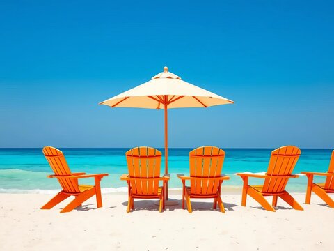Vibrant orange chairs surround a sturdy umbrella on a serene beach, overlooking the tranquil ocean waters under a bright blue sky, scenic, calm