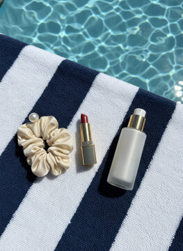 Summer poolside beauty essentials with sunscreen bottle, lipstick, and scrunchie on a towel