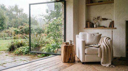 Fototapeta premium Modern cozy interior reading nook with armchair and lush garden view.