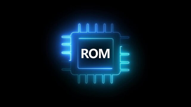 Glowing Blue Neon ROM Memory Chip Icon Animation Loop Read Only Memory Hardware Symbol Isolated on Black Background Motion Graphic